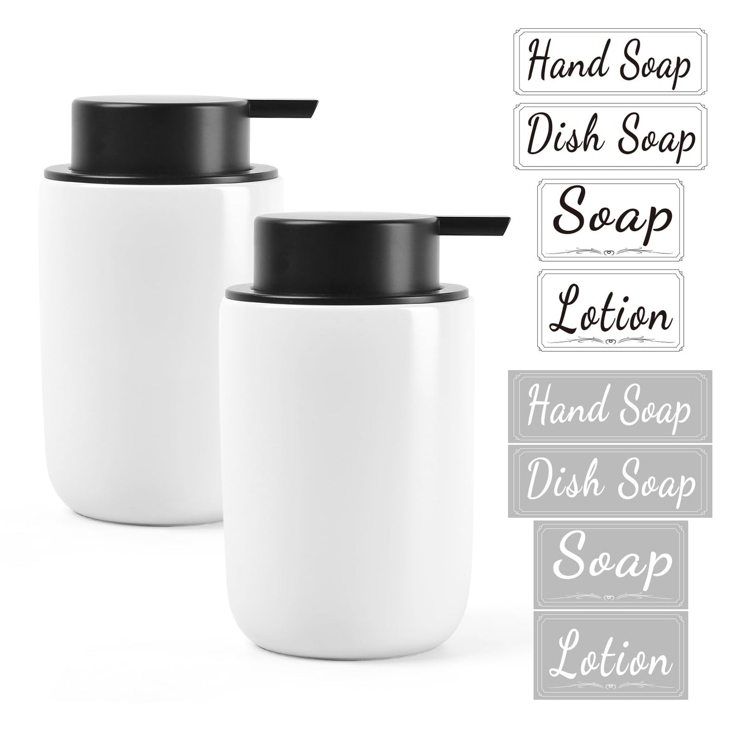 BosilunLife Hand Soap Dispenser for Bathroom Decro 12oz Ceramic Kitchen Dish Dispenser (Lotion Pump, 2PCS White)