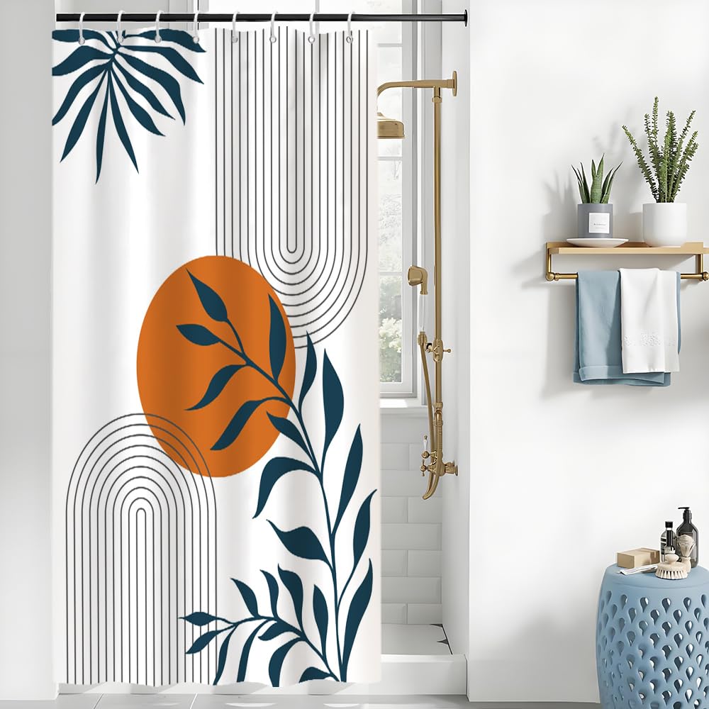 Uiiooazy Abstract Shower Curtain, Blue Leaves Mid Century Terracotta Arch Modern Minimalist Bath Curtain Mildew and Mould Proof Waterproof Polyester