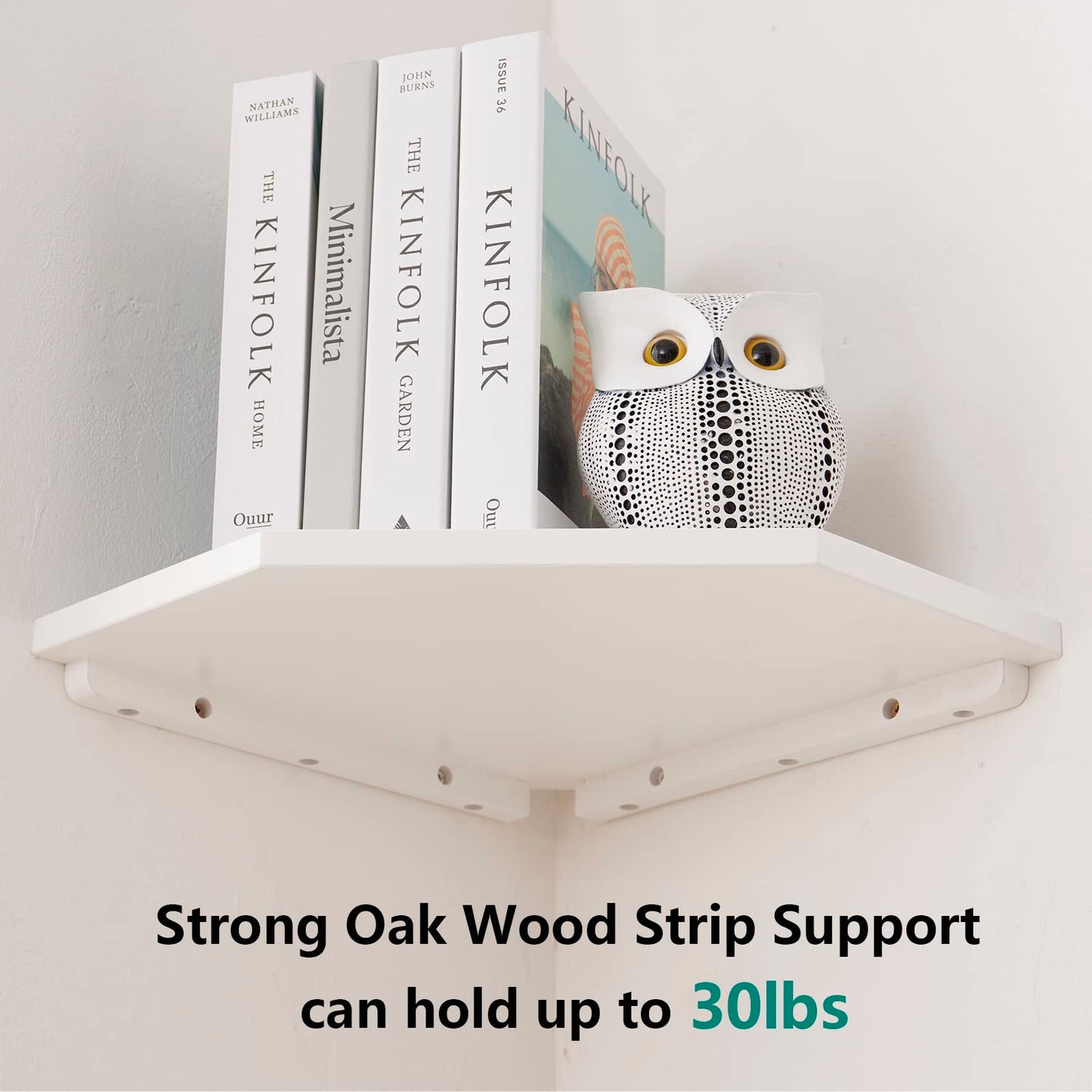 GIEANOO White Corner Shelf Wall Mount, Natural Oak Wood Floating Corner Wall Shelf Round End Shelving Solution Floating Speaker Small Corner Plant