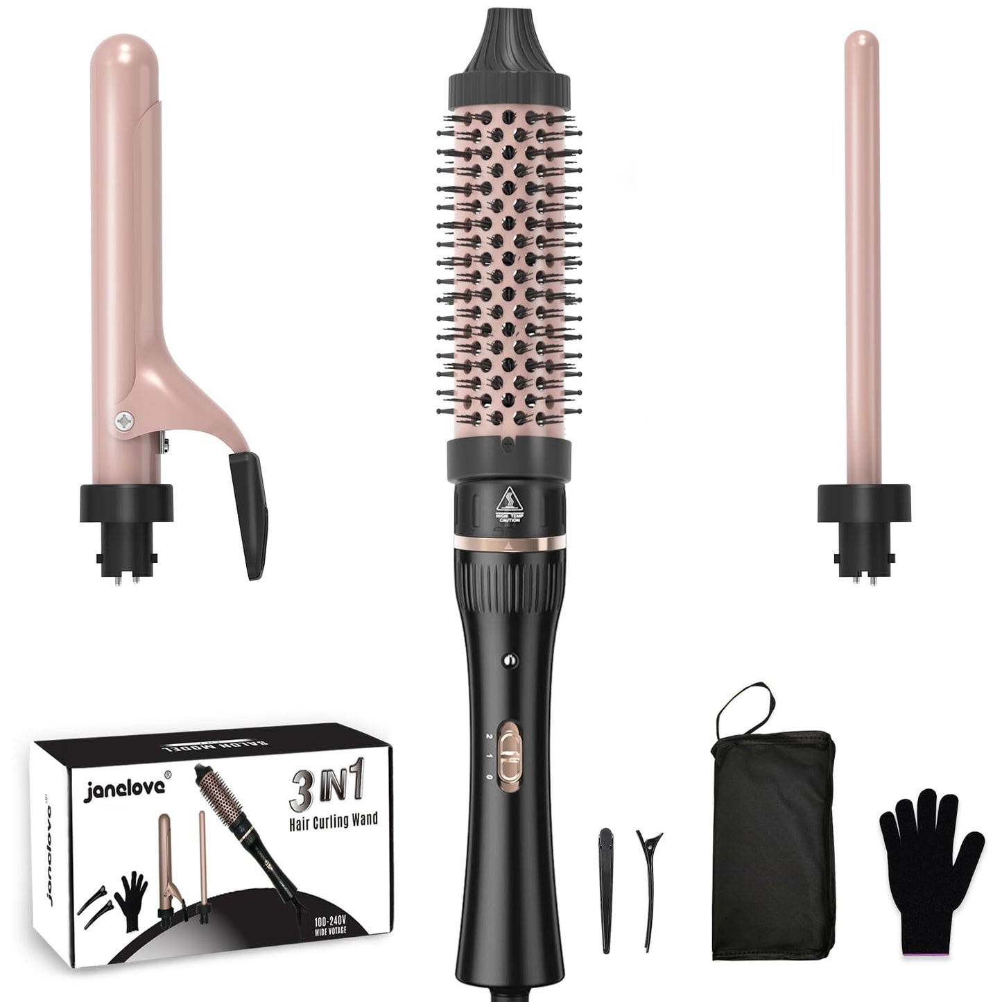 janelove Hair Curling Wand,3 in 1 Hair Curler Set with Thermal Brush for Natural Curls,13 and 25mm Ceramic Curling Wand for Long Hair,Interchangeable