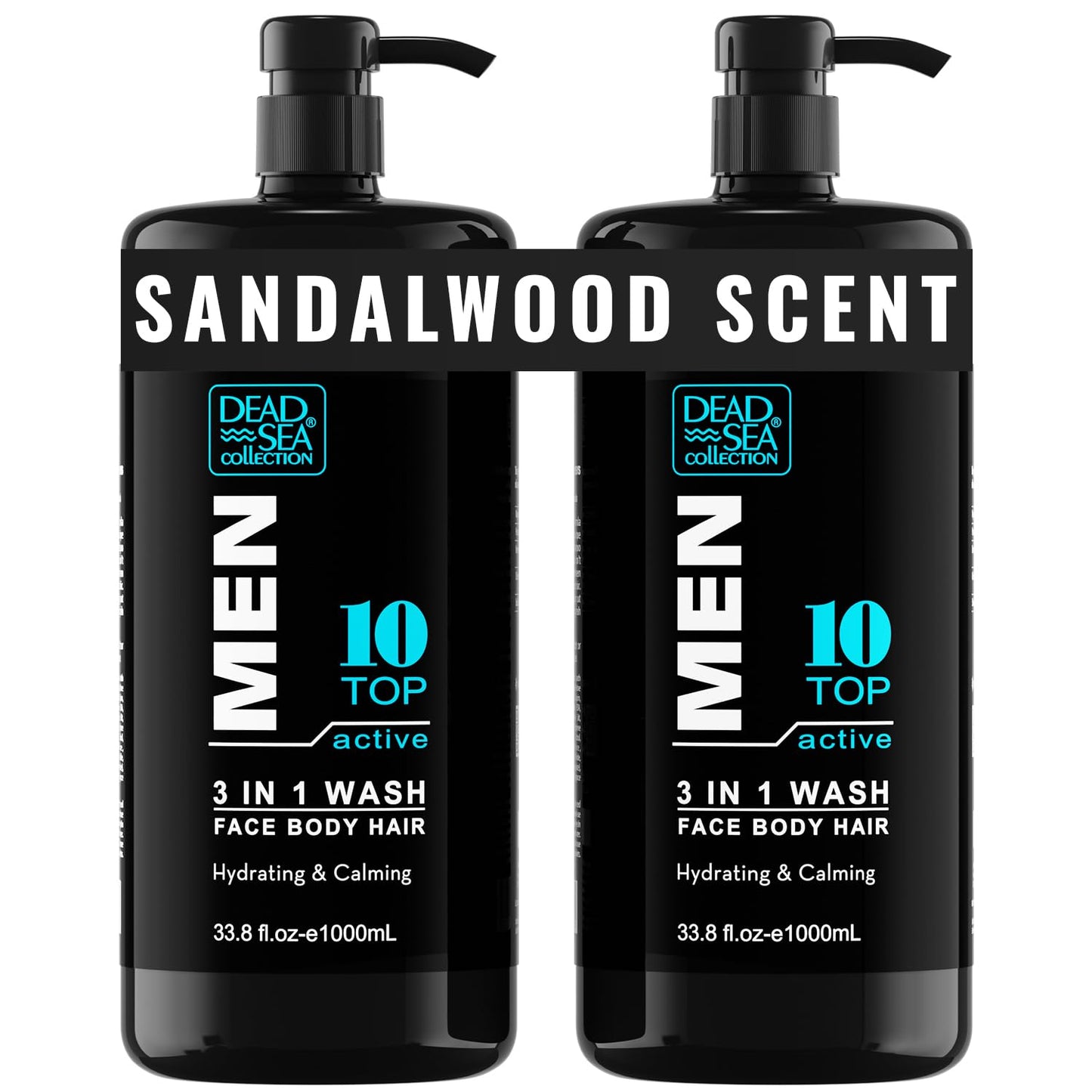 Dead Sea Collection Mens Shower Gel 3 in 1 Top 10 Active - Body Wash with Dead Sea Salt, Shampoo for Men, Face Wash - Pack of 2 (1000 ml. each)