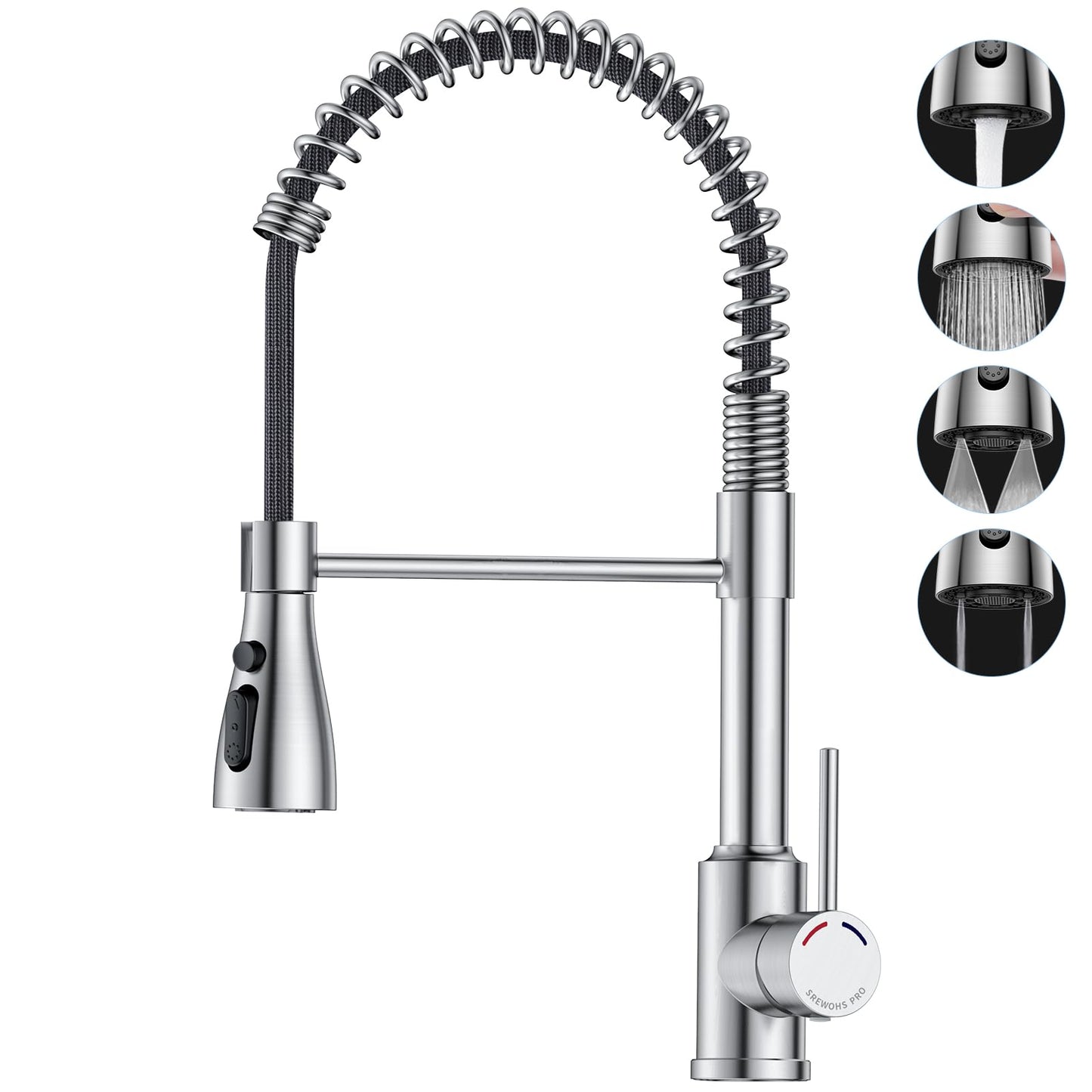 SREWOHS PRO Kitchen Tap,Kitchen Sink Mixer Taps with Pull Down Spray Head, 360?Swivel Spout with 4 Modes, Single Lever Stainless Steel Spring Bar