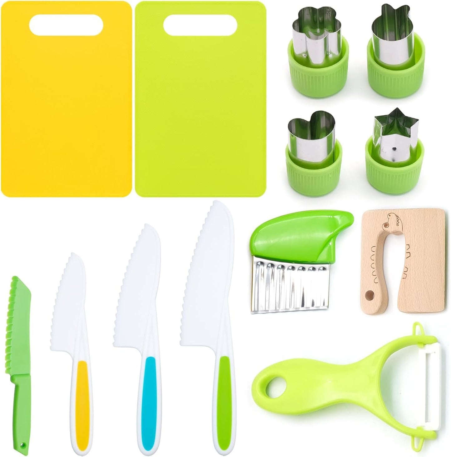 JLNGTHONG 13 PCS Kitchen Knives for Children Toddler Safe Knives Set for Real Cooking Plastic Cooking Sets with Cutting Board, Plastic Knives, Potato