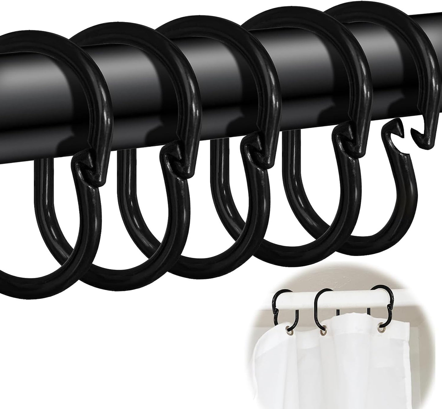 Pack of 50 Rings for Shower Curtain in C Shape, Shower Curtain Rings, for Shower Curtain Rods and Shower Curtain Angle Rods, Black (4.2 cm x 6.3 cm)