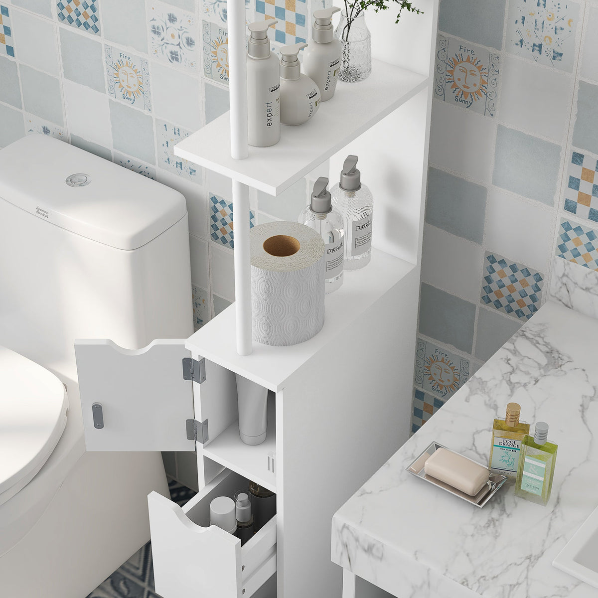 HOMCOM Tall Bathroom Cabinet, Bathroom Storage Cabinet W/ Shelf, Drawers White