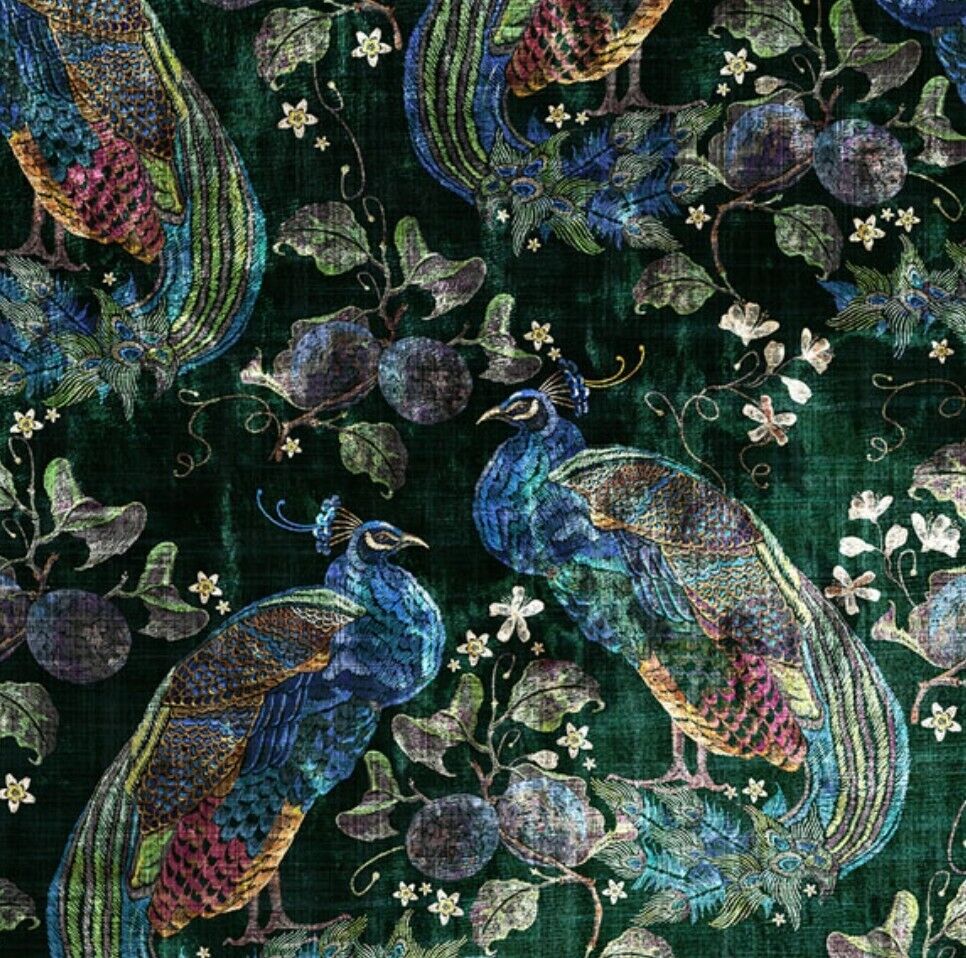 Peacock Opulence Curtain & Upholstery Fabric - Navy/Cranberry/Green