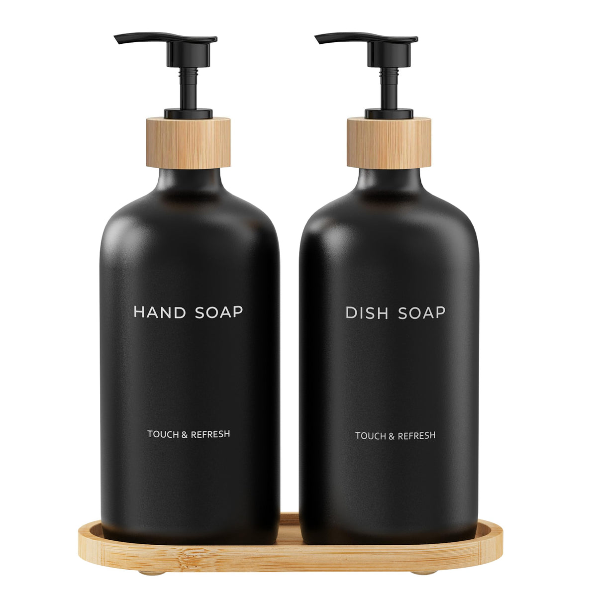 Black Soap Dispenser Set with Tray - Hand and Dish Soap Dispenser for Kitchen - Bamboo Pump Bottles for Kitchen Sink,Modern Kitchen Decor &
