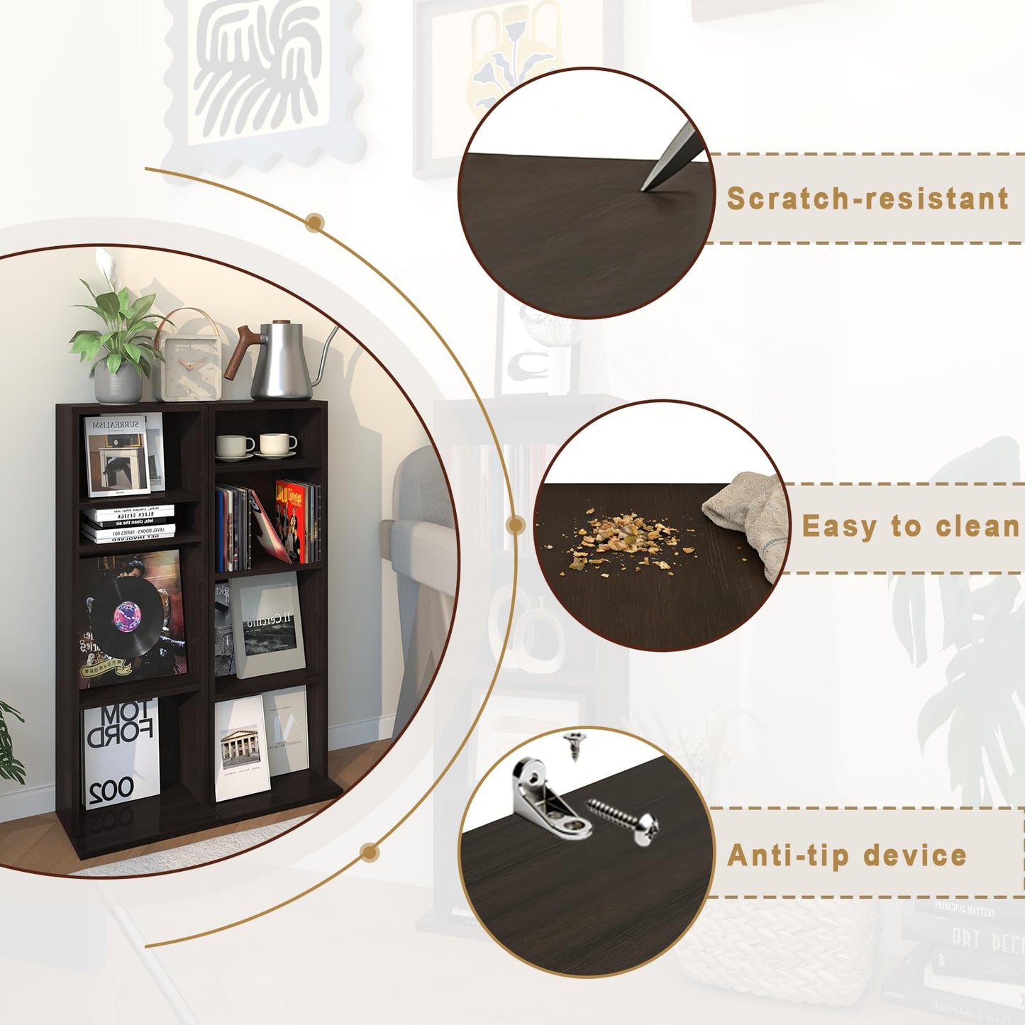 CTESNE【Sturdy Build&Easy Assembly 4 Tier Wooden Book Shelf with Anti-Tipping Kits,Thick Frame Bookcase,Open Living Room Furniture,Book Case for