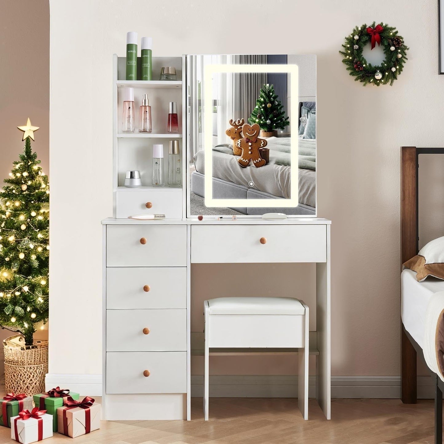 Saihemei Dressing Table White Vanity Desk with Mirror and Lights, Adjustable Brightness and 3 Color Modes, Vanity Table with Drawers and Stool for
