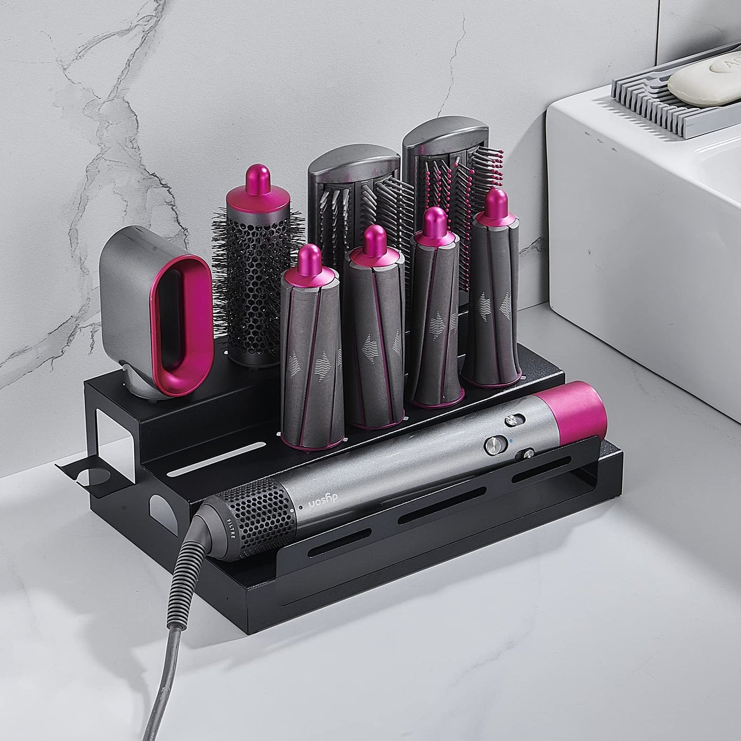 Hosoncovy Metal Wall Mount Holder Organizer Stand Storage Rack with Towel Holder Tabletop Organizer for Dyson Airwrap Styler and Brushes (Black)
