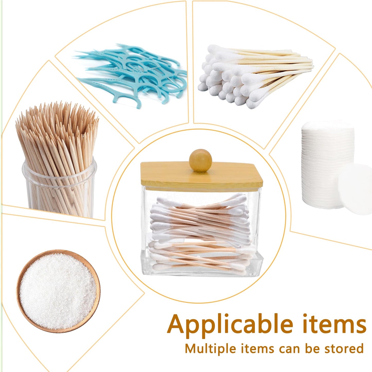 Griwuut 4 Pcs Acrylic Cotton Pad Holder Set with Bamboo Lids Bathroom Storage Dispenser for Cotton Swabs, Pads Wool Buds