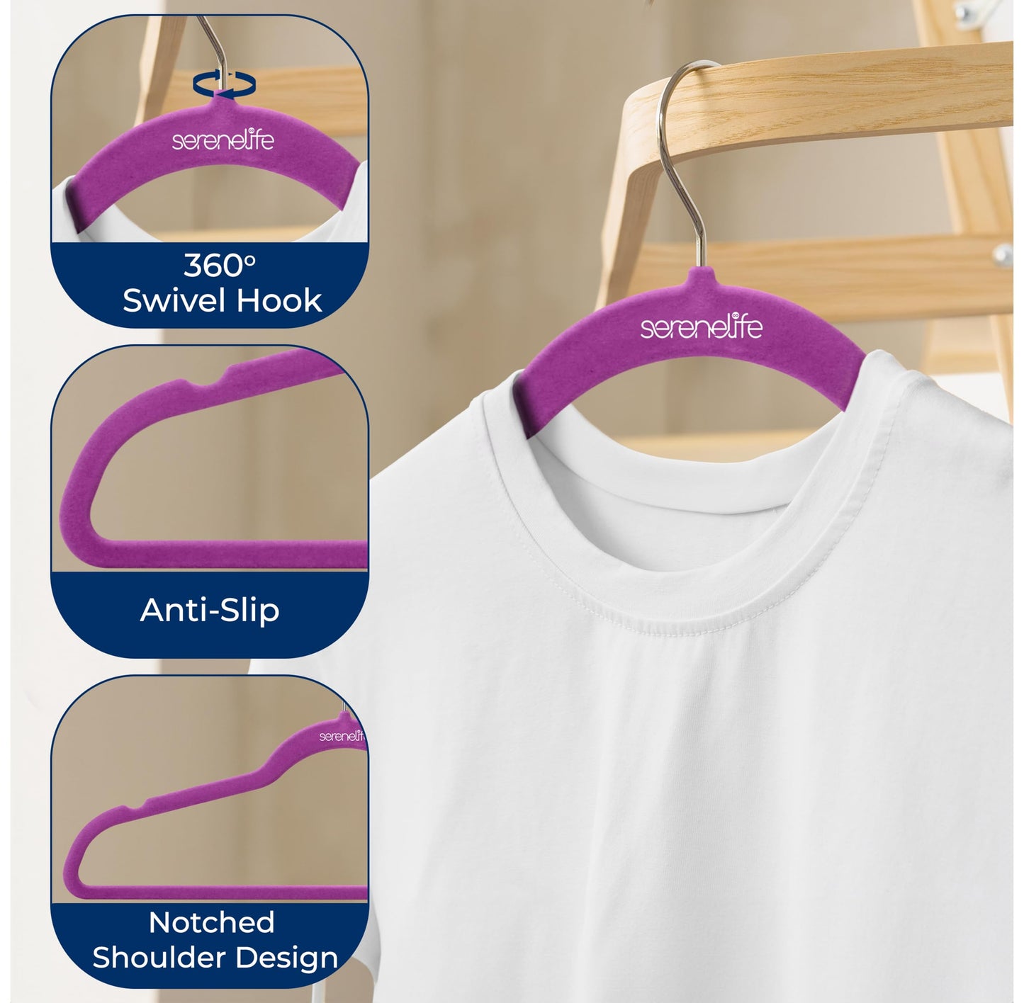 SereneLife Velvet Hangers 20 Pcs, Non Slip Heavy Duty Hanger Set with 360° Swivel Hook, Smooth Velvet Finish to Protect Fabric, Lightweight
