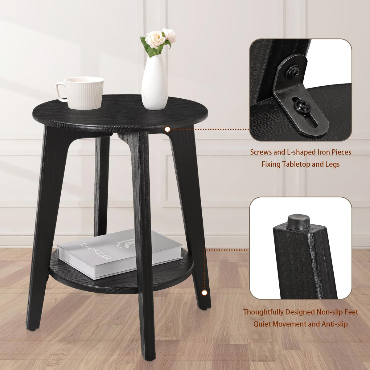 FEUFOAM 2-Tier Round Side End Table Black Beside Table Sofa Table Nightstand Modern Accent Table for Small Spaces Living Room Bedroom 40W x 52H cm