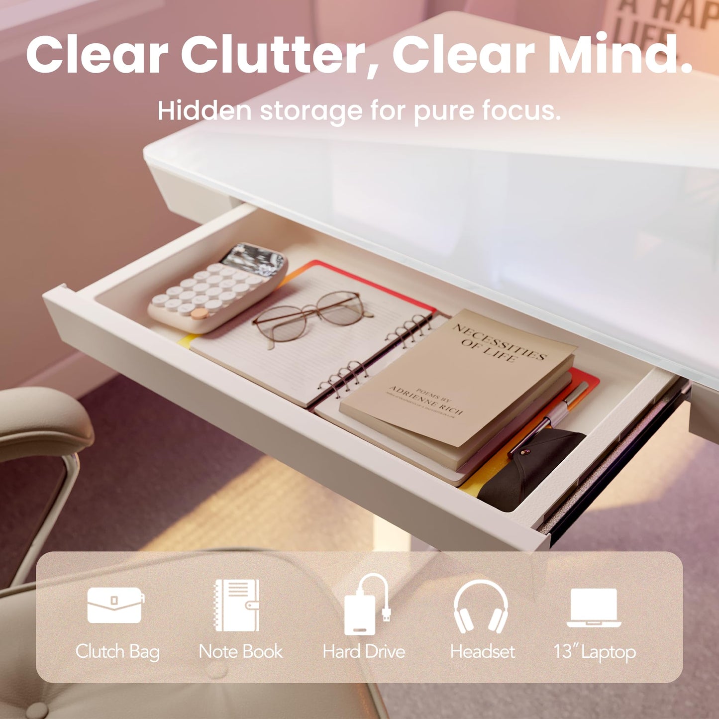 HUANUO ONE PIECE Standing Desk with Drawer, 88x50cm, White Glass