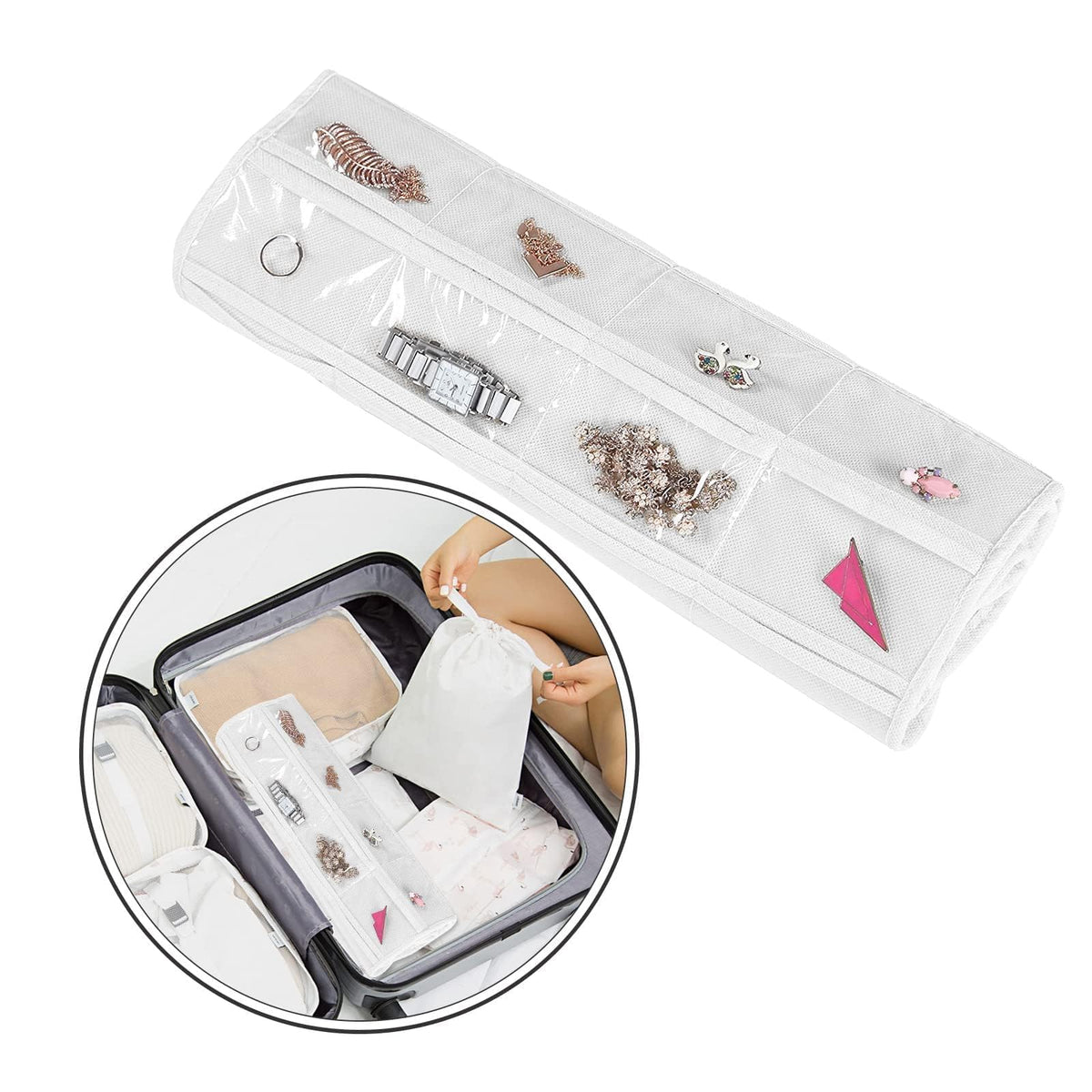 Linkstyle 160 Pocket Hanging Jewellery Organiser, Double-Sided Travel Jewelry Storage Roll, Jewelry Holder Bag with Hook, 2 PCS