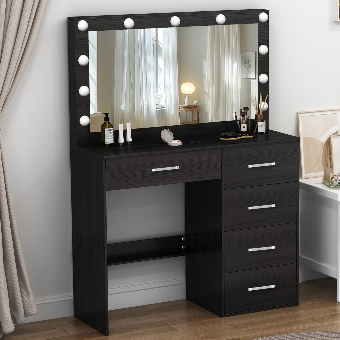 Buildonely Dressing Table with Mirror and Lights, Adjustable Brightness and 3 Color Temperatures, Vanity Table with 5 Drawers, Modern, Black, 36 x 80