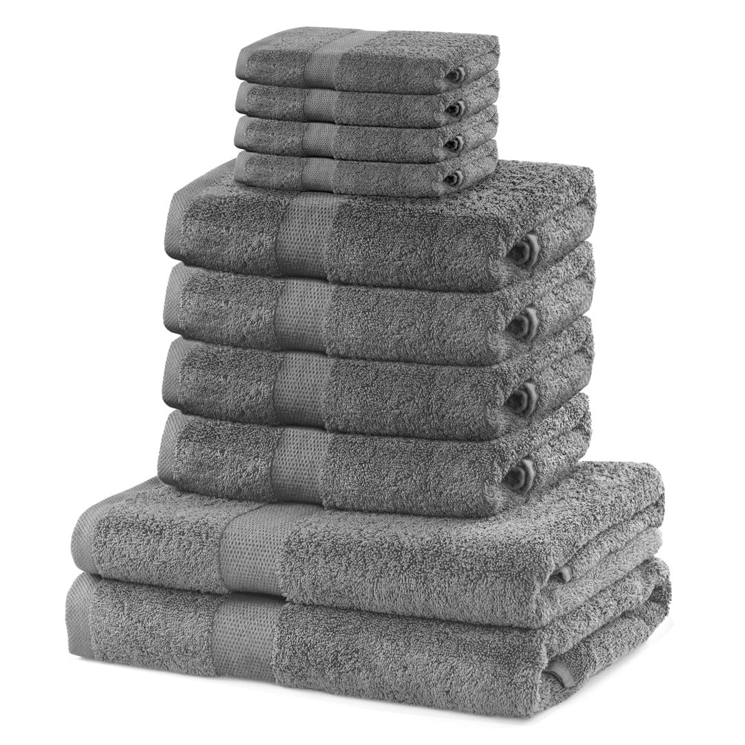 DecoKing Set of 10 Cotton Quality 525 g/m? 4 Guest Towels 30 x 50 cm 4 Hand Towels 50 x 100 cm and 2 Bath Towels 70 x 140 cm Silver Steel Grey