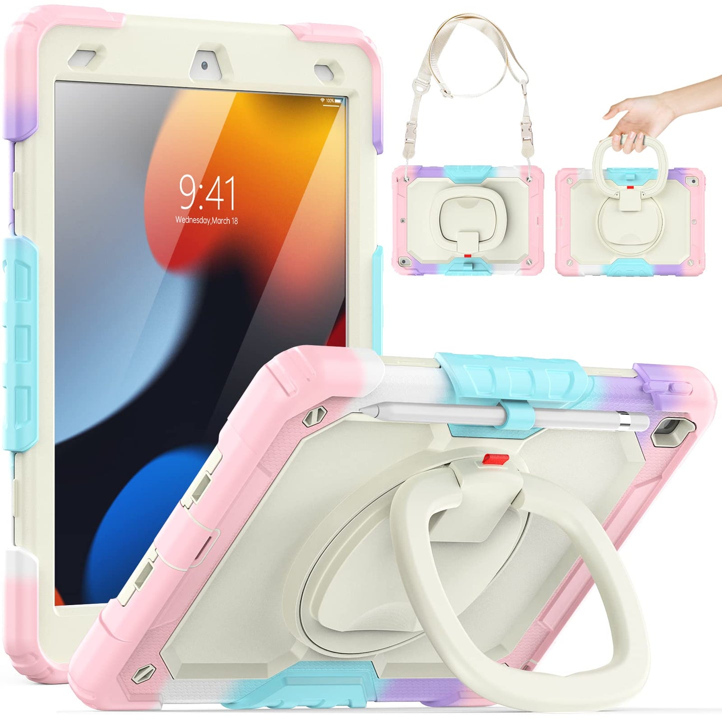 SEYMCY Kids Case for iPad 9th/8th/7th Generation 10.2 inch 2021/2020/2019, Full-Body Shockproof with Screen Protector, Rotating Hand Grip Stand,