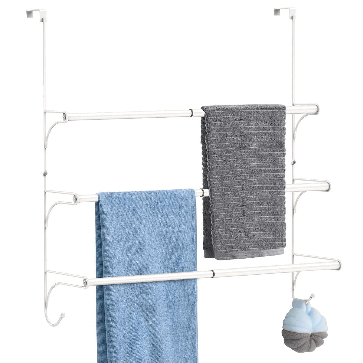 3 Tier Over the Door Towel Rail, Hanging Towel Rack for Bathroom, Adjustable Towel Holder with 2 Hooks for Storage Drying Towels Clothes, White