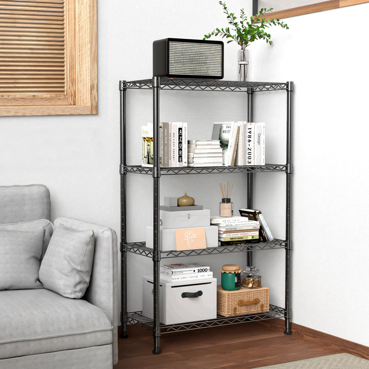 M MZG Height Adjustable Shelves,Heavy Duty Wire Pantry Shelving for Tool Sheds, Garage, and Storehouse,Metal,Black 4tier,35 x 60 x 135.8 cm