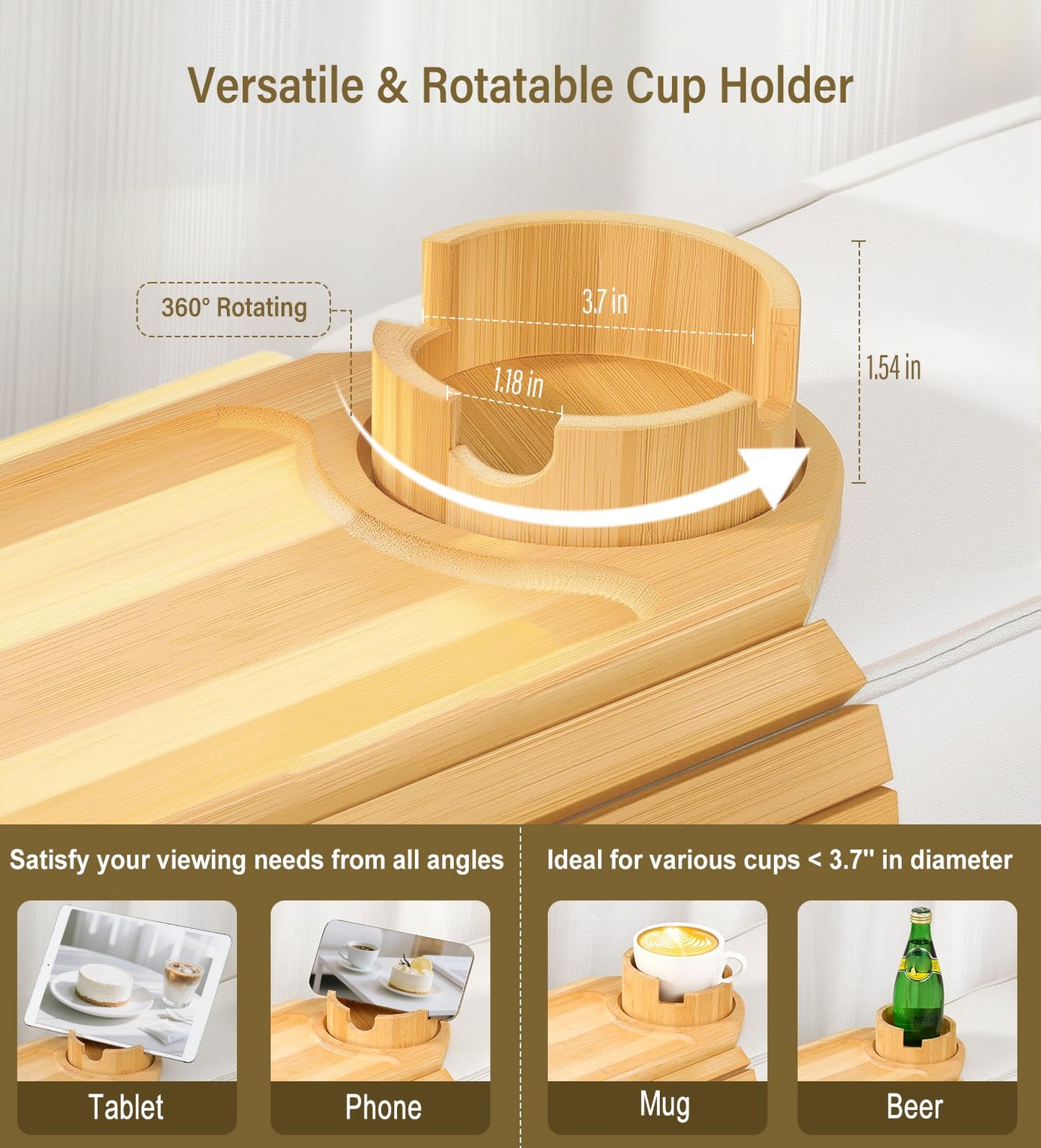 Kssiaz Couch Arm Tray, Bamboo Sofa Tray Table for Couch, Sofa Arm Tray with Cup Holder, Non-Slip Armrest Organizer for Drink, Cup, Snack, Control