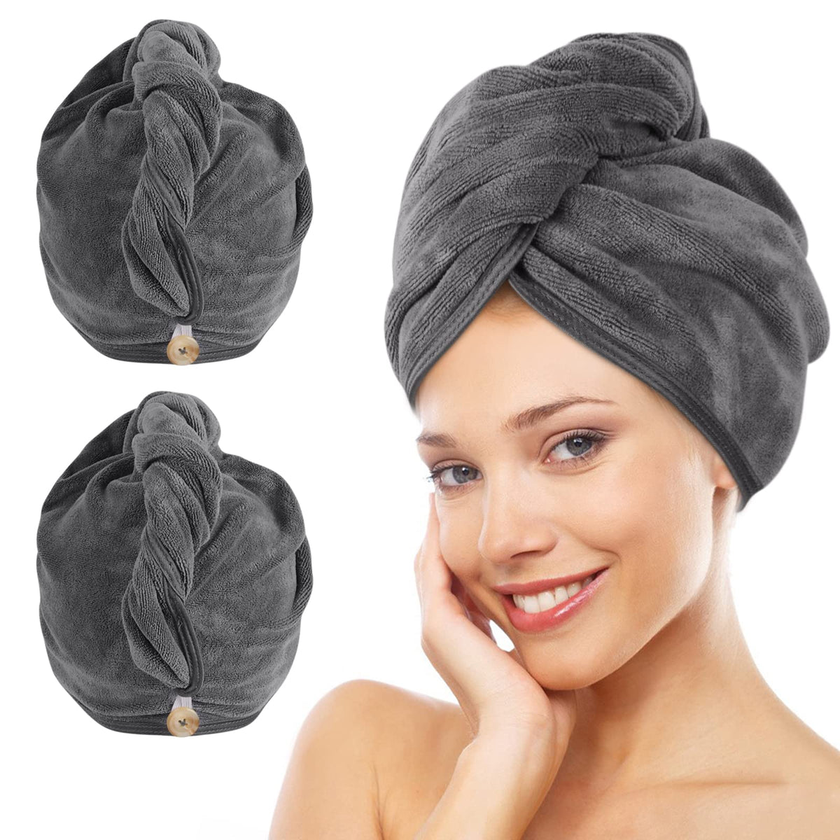 KinHwa Microfibre Hair Towels Wrap Super Absorbent 30x70cm Large Dry Hair Turban for Women Wet Long Thick Hair 2 Pack Darkgrey