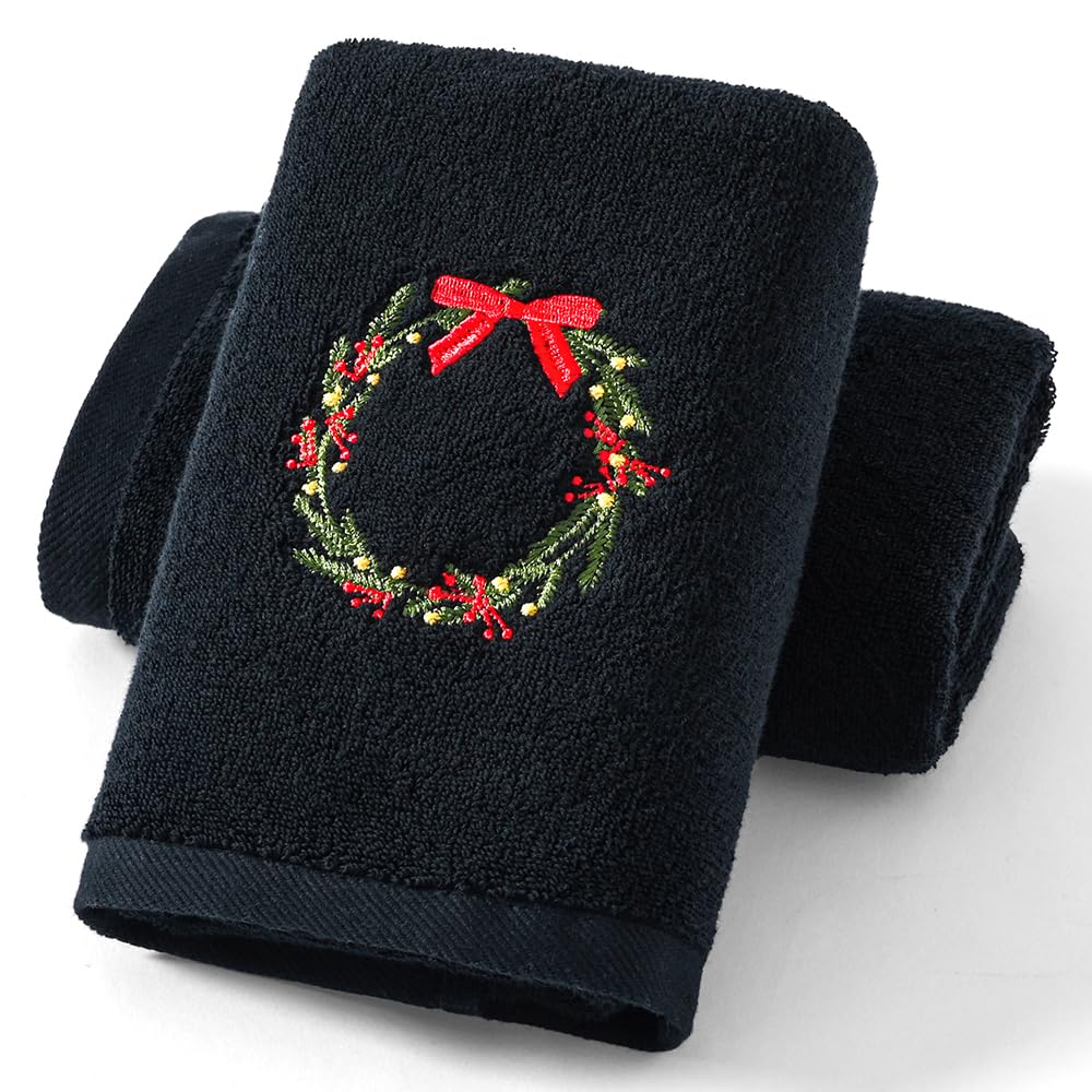 sense gnosis Black Hand Towel Set of 2 Luxury 100% Cotton Thick Ultra Soft Highly Absorbent Christmas Wreath Decorative Embroidered Hand Towels for