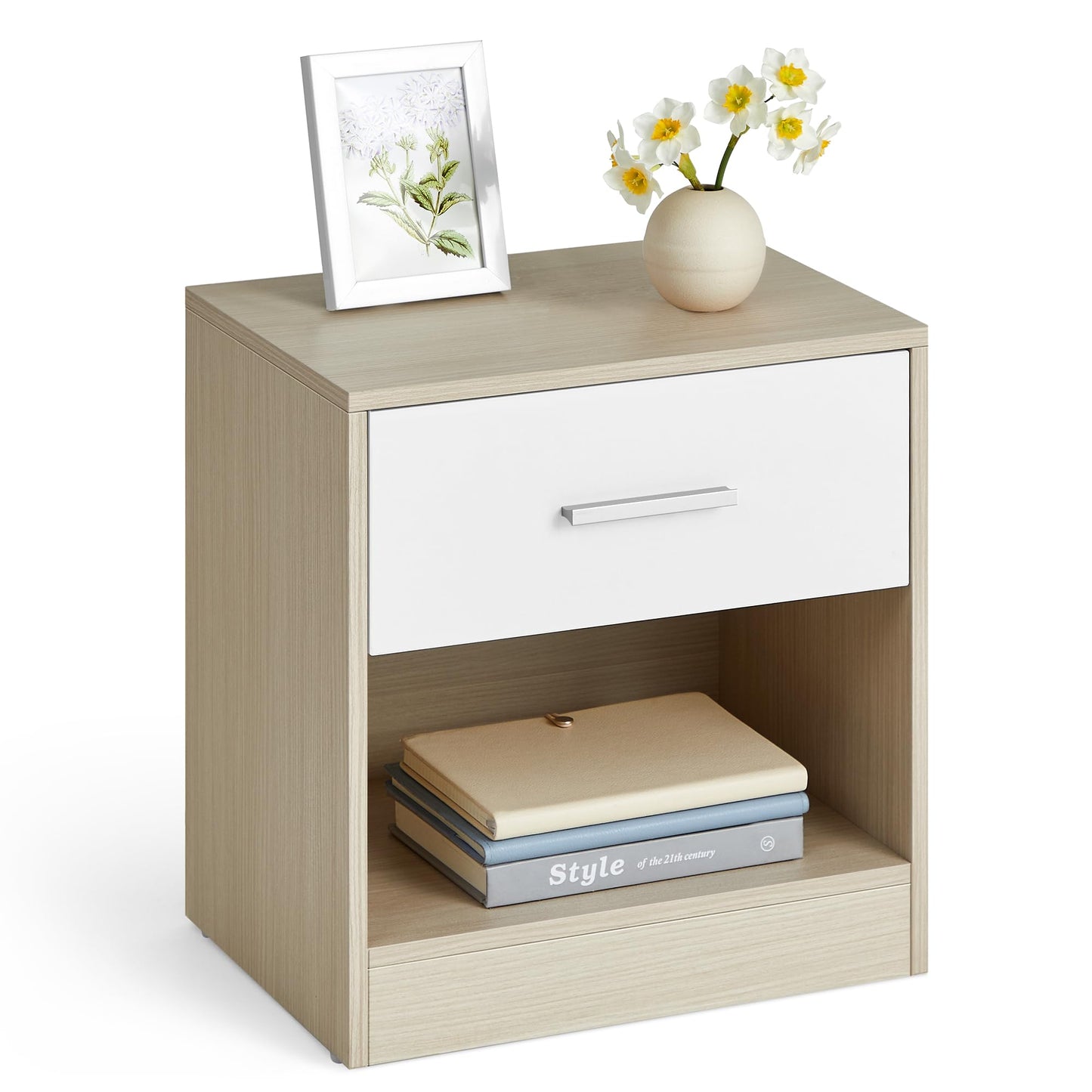 VASAGLE Bedside, Side with Drawer, Handle, Open Compartment, End, for Bedroom, Living Room, Natural Beige and Classic White LET619T67