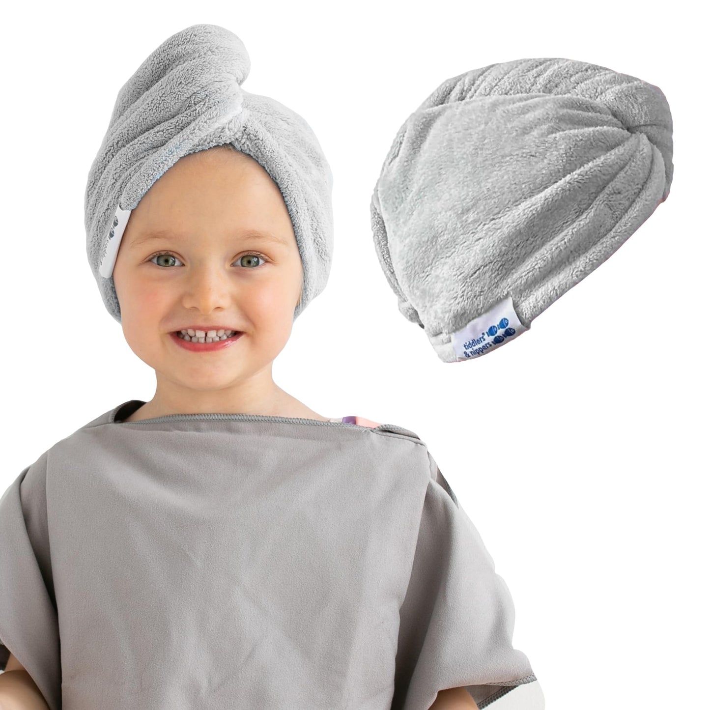 tiddlers & nippers Super Absorbent Hair Wrap Twist Towels | 65x25cm Large Turban with Button & Elastic Fastening for Women & Kids Grey