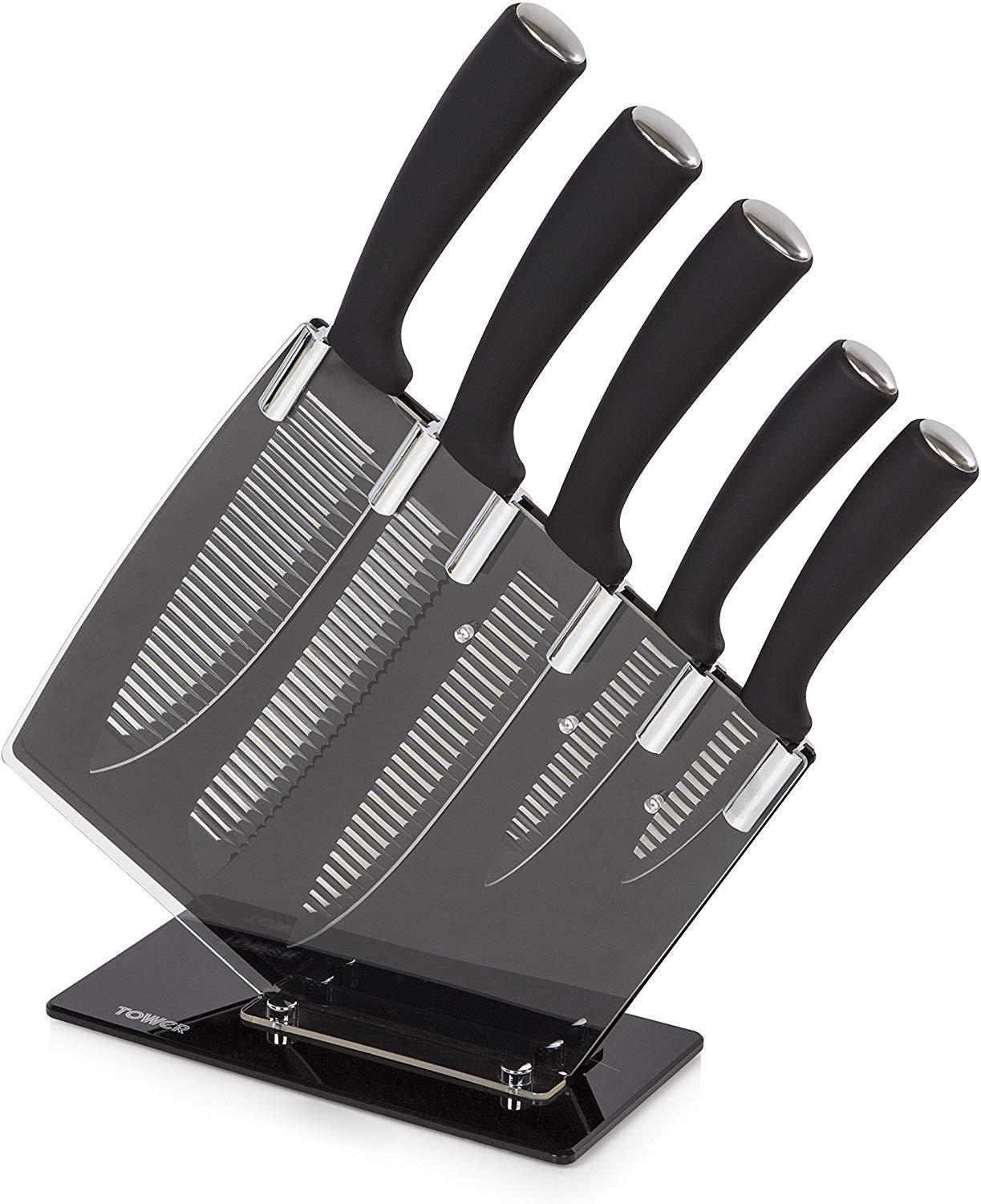 Tower Kitchen Set with Acrylic Knife Block, Black and White Groove Blades Handles, 5-Piece, Stainless Steel