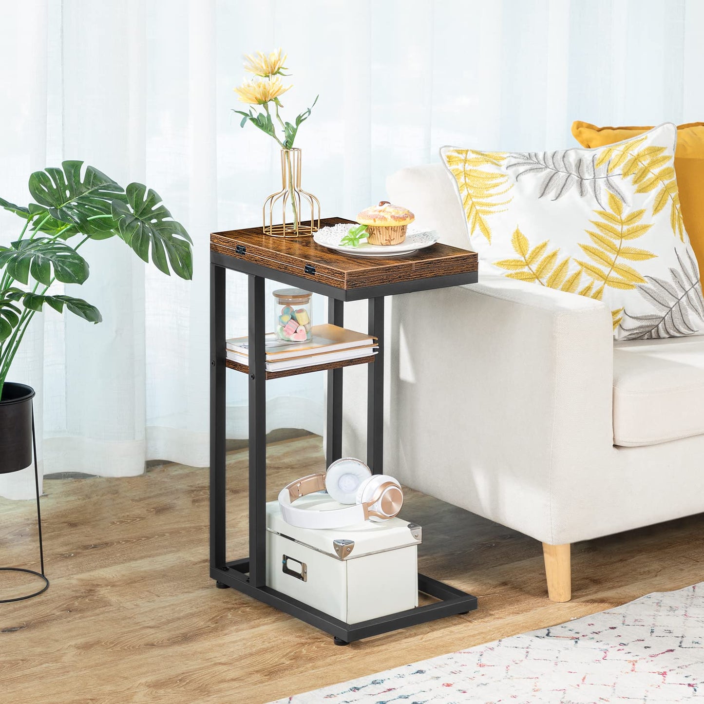 HOOBRO C Shaped Side Table, Foldable Sofa Side Table, Bedside Snack Table, Laptop Holder Table for Sofa, Small Spaces, Small Coffee Table, Living