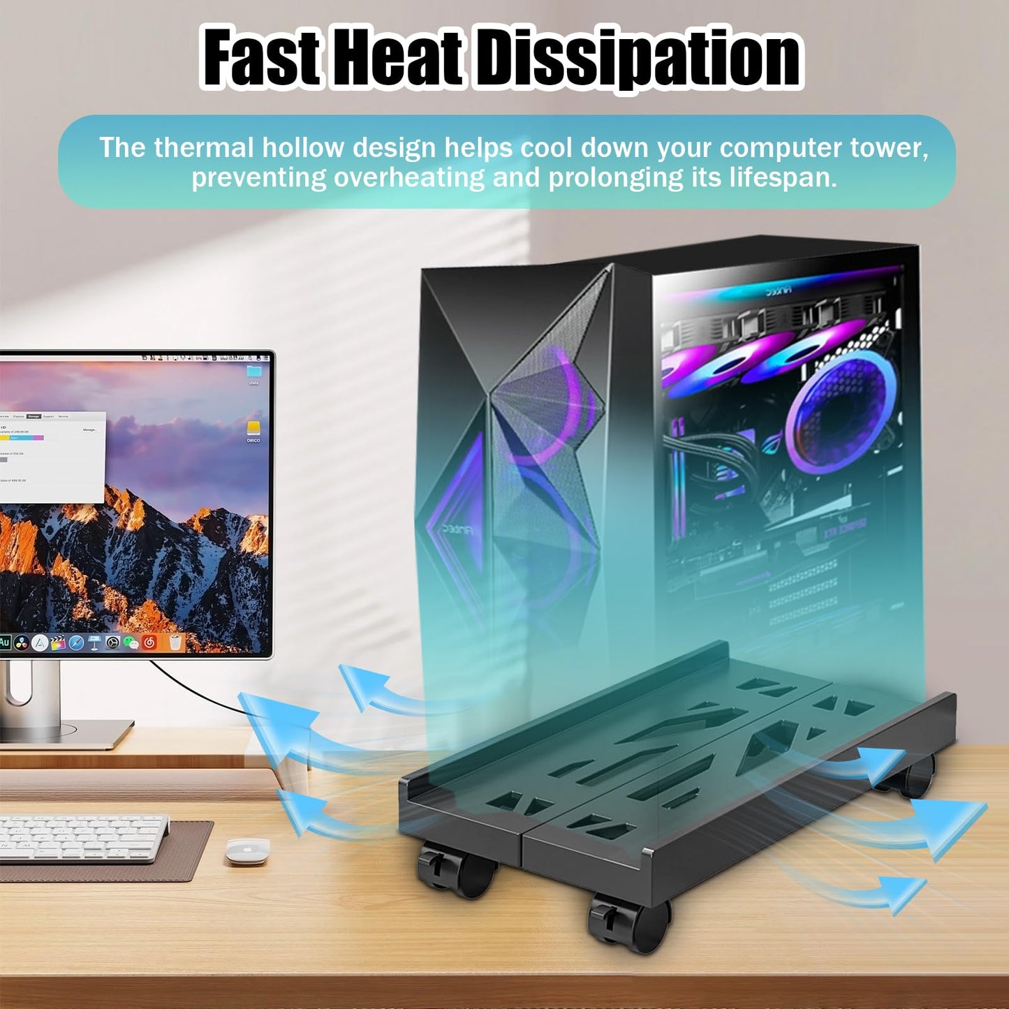 Updated Version Computer Tower Stand with Rolling Caster Wheels, Adjustable PC Tower Holder for Floor Carpet Gaming PC Case