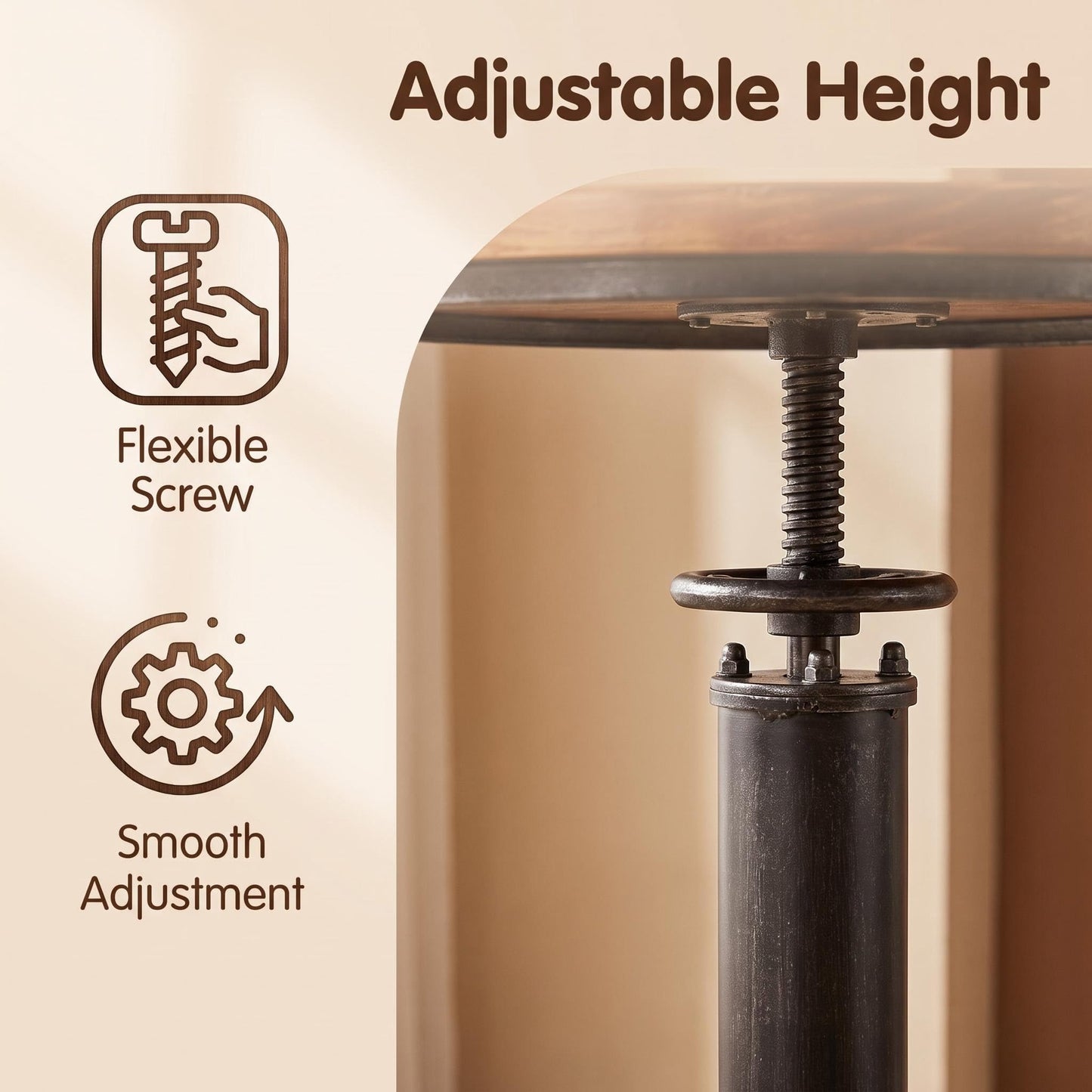 BOKKOLIK Industrial Bistro Bar Table 38.6-44.4inch Height Adjustable Farmhouse Pub Table for Kitchen Dinning Room Office Swivel Wooden Top