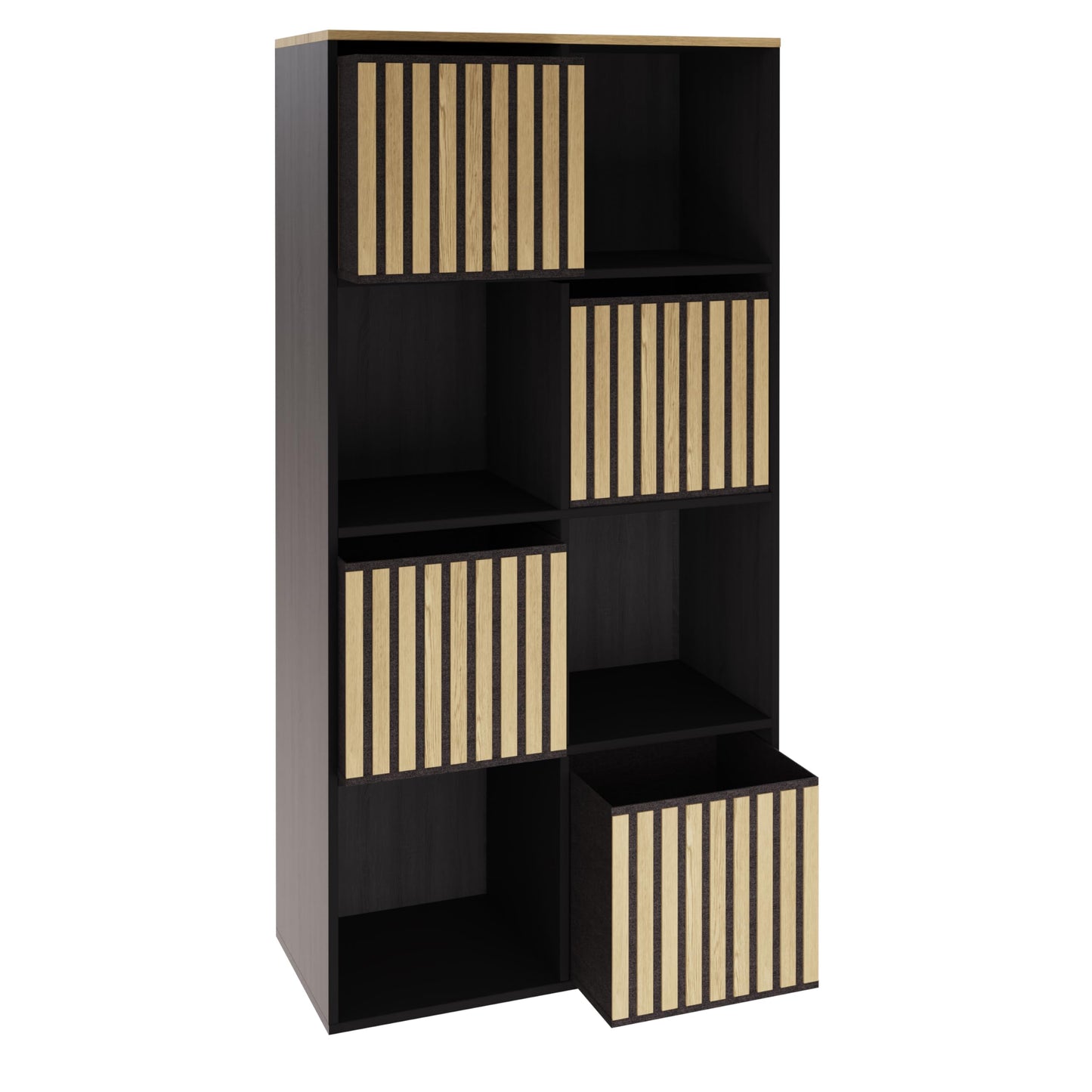 GFW Kube Storage Unit with Open & Hidden Storage, Black & Oak Effect Shelving Unit for Living Room, Bedroom or Office
