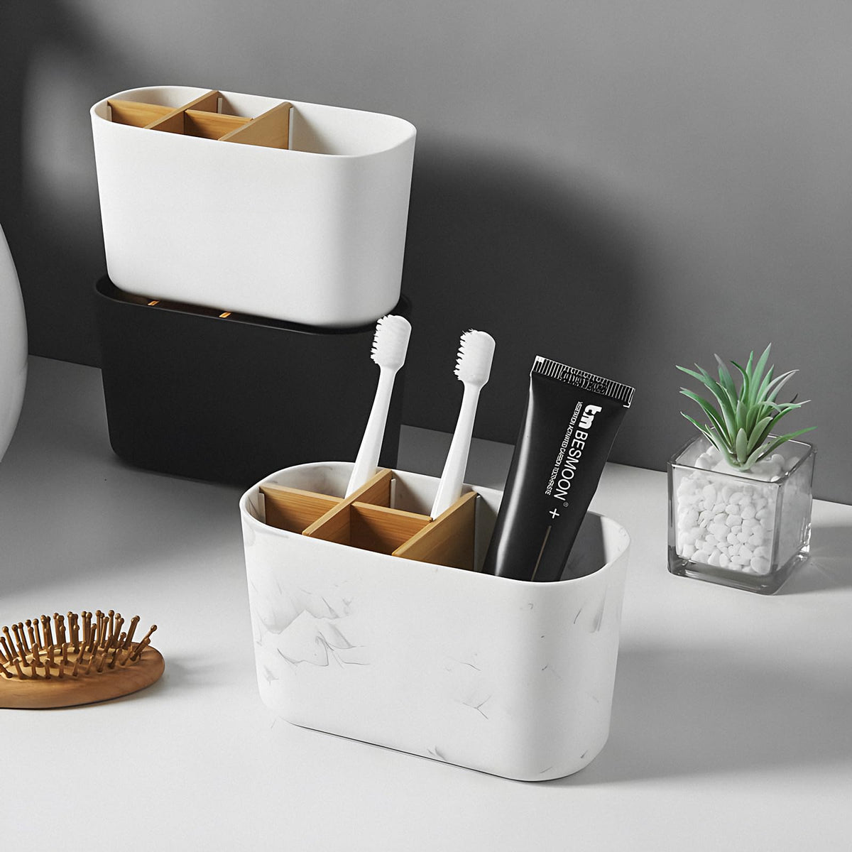 Foyscr Bathroom Bamboo Toothbrush & Toothpaste Holder White - 5-Slot Storage Organizer Caddy, Ideal for Electric Toothbrushes, Kids & Family Use