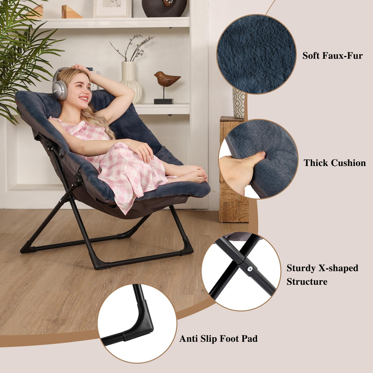 Mordchil EU Comfy Saucer Chair for Adults, Set of 2, Soft Faux Fur Bedroom Chair, Accent Dorm Chairs, Flexible Living Room Reading Chairs