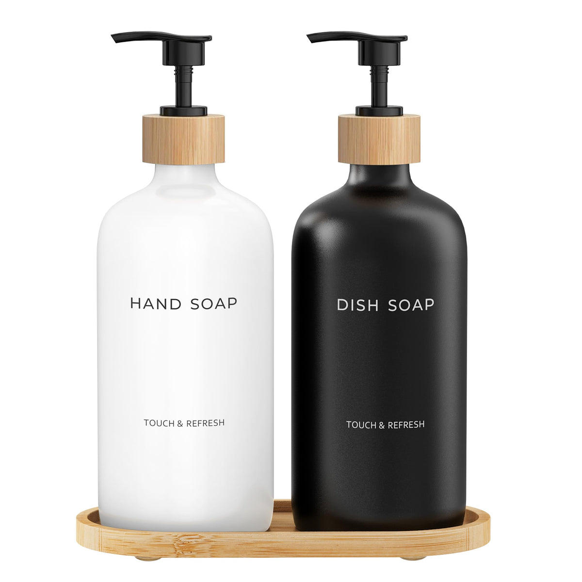 Soap Dispenser Set with Tray - Hand and Dish Soap Dispenser with Bamboo Pump Bottles for Kitchen Sink, Modern Kitchen Decor & Accessories