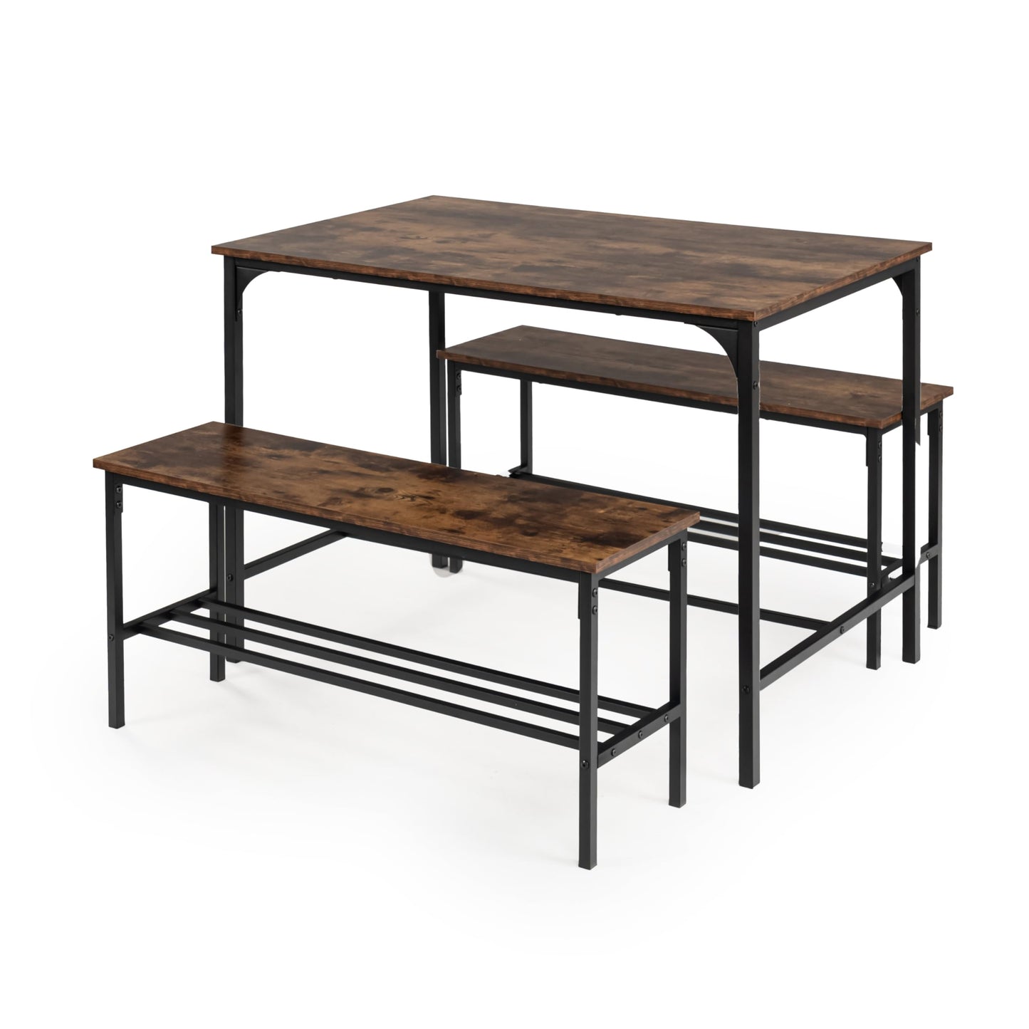 FurnitureR Dining Table with 2 Storage Benches, 3 Piece Set, 110 x 70 x 75 cm Kitchen Table, 2 Storage Benches of 100x30x45 cm Each,Vintage Wooden Top