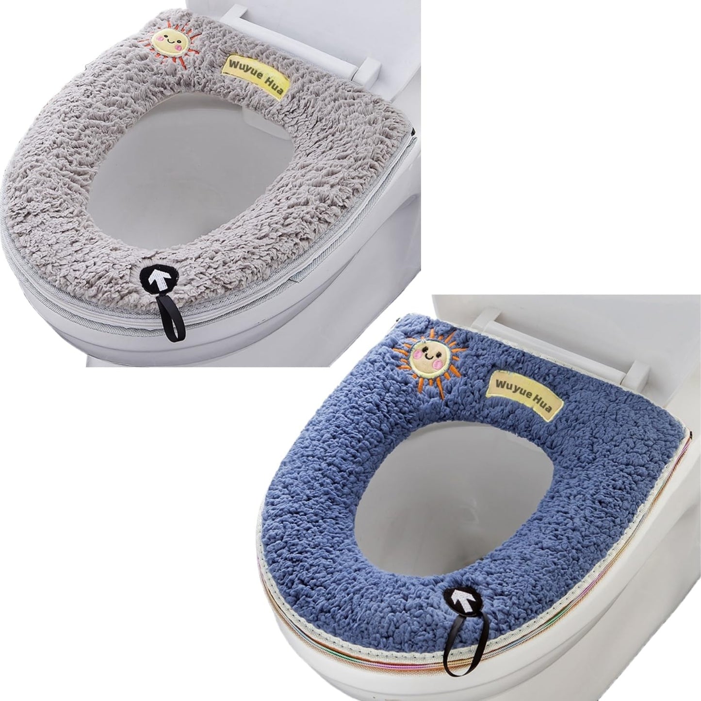2Pcs Universal Home Toilet Seat Cushion with Hanging Loop Bathroom Soft and Warm Washable Toilet seat Cover Pads (Grey+Blue)