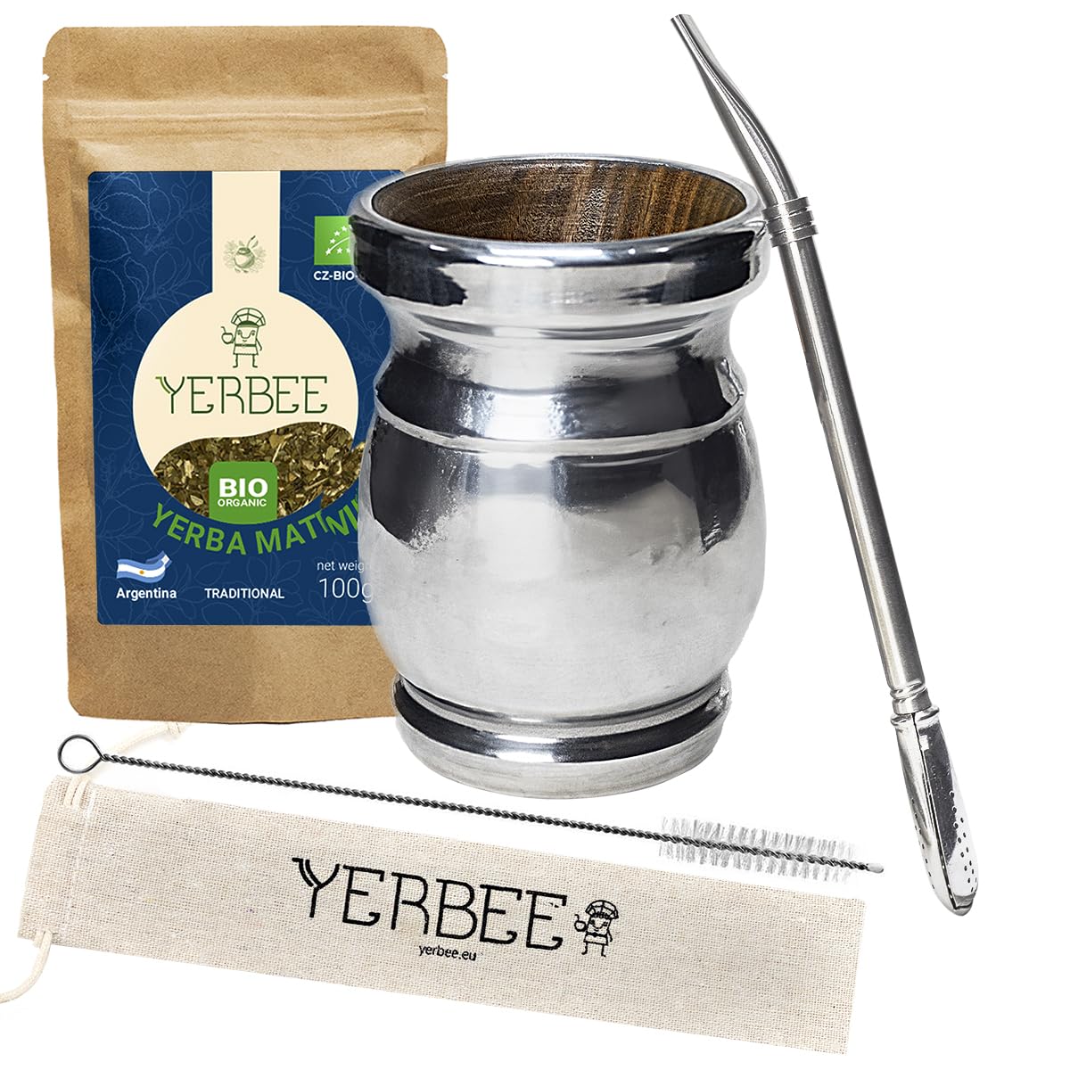 YERBEE Yerba Mate Ritual Set: Palo Santo Mate Gourd 250 ml (wood with aluminum coating) - Stainless Steel Bombilla 19 cm - Organic Yerbee Mate