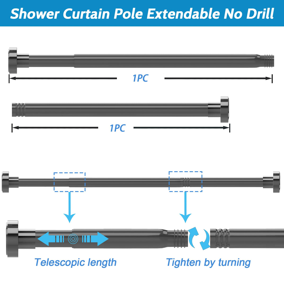 Curtain Poles No Drilling Tension Curtain Rods Extendable Shower Curtain Pole Heavy Duty Tension Rod Shower Pole for Bathroom, Window, Door