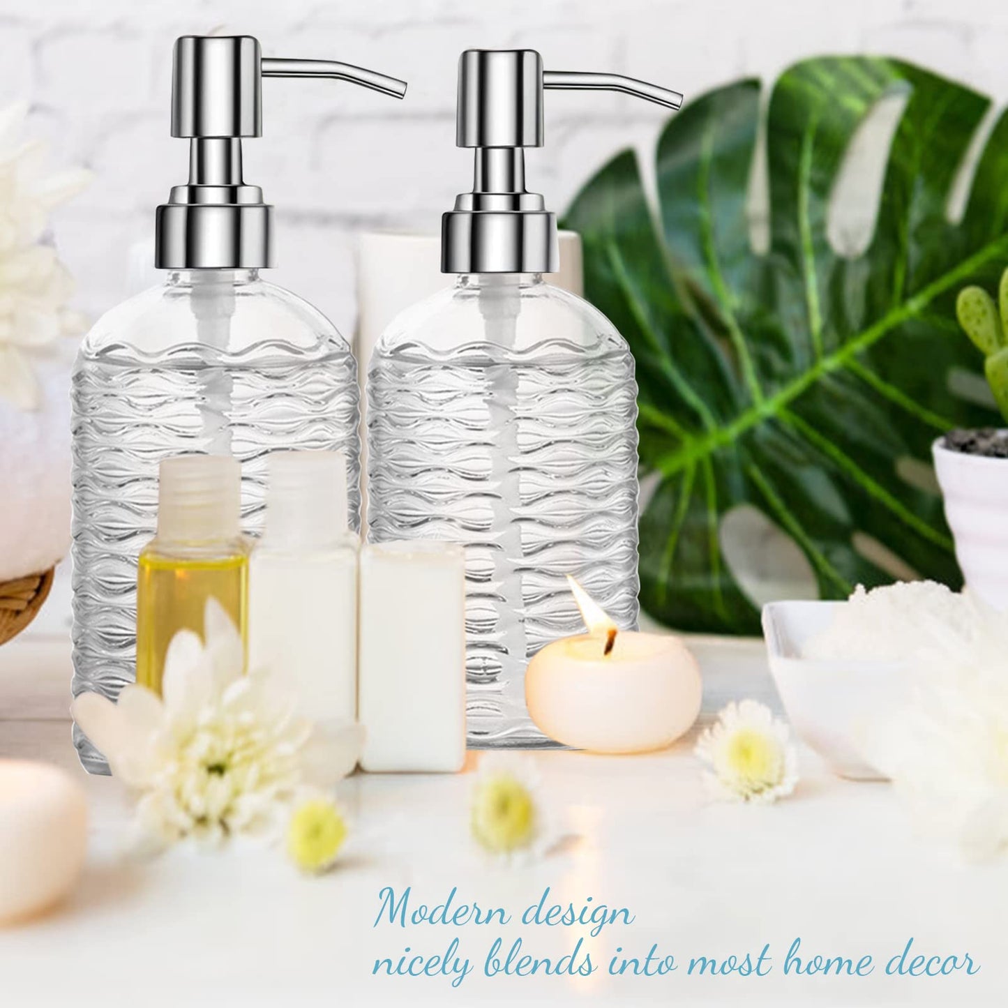 Glass Soap Dispenser Bottle with Pump, Versatile 14 Oz Dripless Pump Bottle, Refillable Liquid Hand Jar Dispenser for Bathroom, Countertop, Kitchen