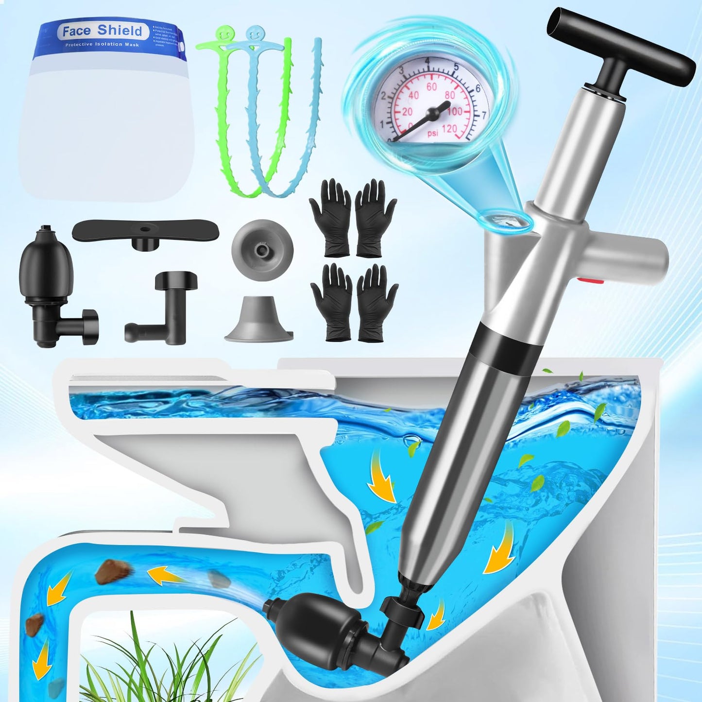 Toilet Plunger, Toilet Unblocker Heavy Duty High Pressure Air Sink Unblocker Tools with Visual Barometer for Unblocking Bathroom Kitchen Floor Drain