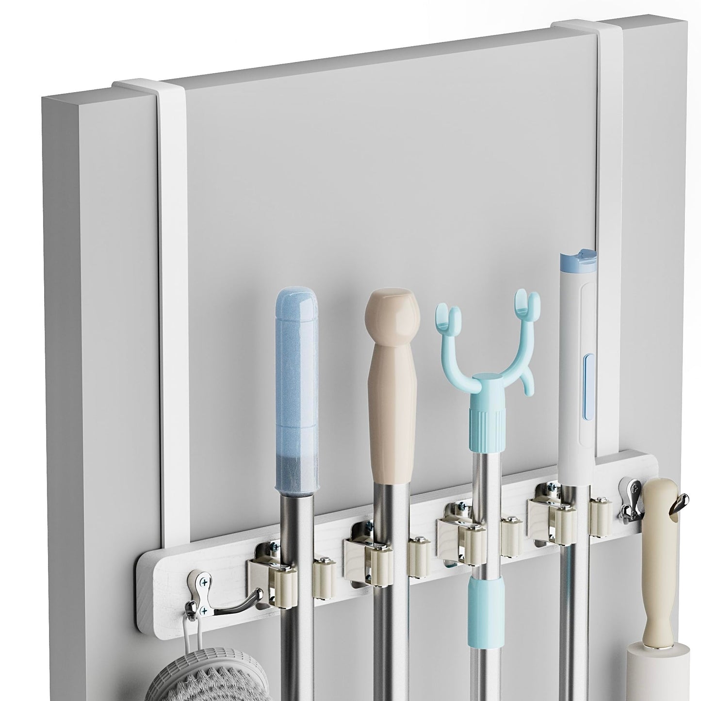 Lorbro Broom Holder Door Mount, Over the Door Broom and Mop Holder with 2 Over Door Hooks, Wood Broom Hanger, Tool Rack Organizer for Laundry, Garage,