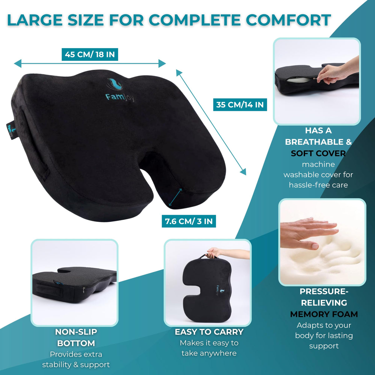 Famjoy Memory Foam Seat Cushion – Ergonomic U-Shaped Support for Back, Hip & Tailbone Pain Relief – Washable Non-Slip Cover – Black