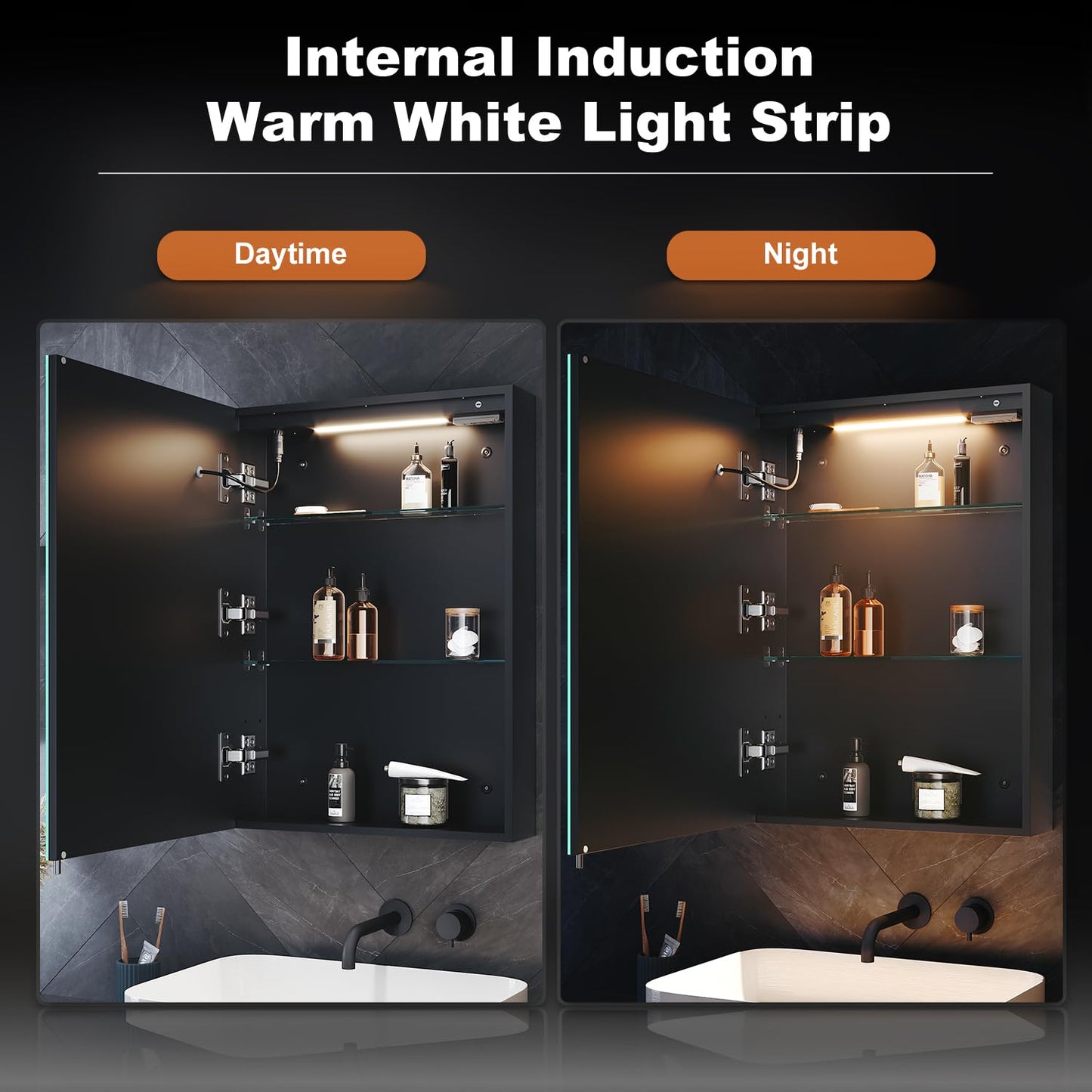 ELEGANT Illuminated Bathroom Cabinet with Shaver Socket, Built-in LED Light Strip, Demister Pad, Slow Close Hinge, Adjustable Shelves