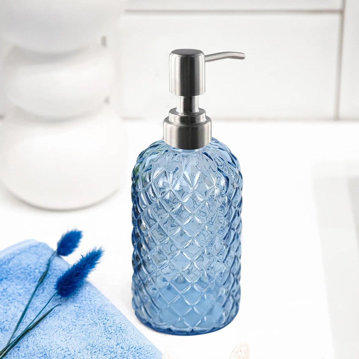 Topsky Glass Soap Dispenser with Silver Metal Pump 400ml Blue