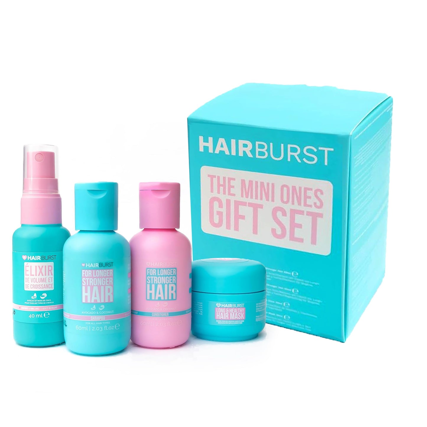 HAIR BURST Travel Gift Set - Mini Shampoo & Conditioner Set, Nourishing Mask and Volumising Elixir for Longer, Stronger and Healthier Hair Perfect for