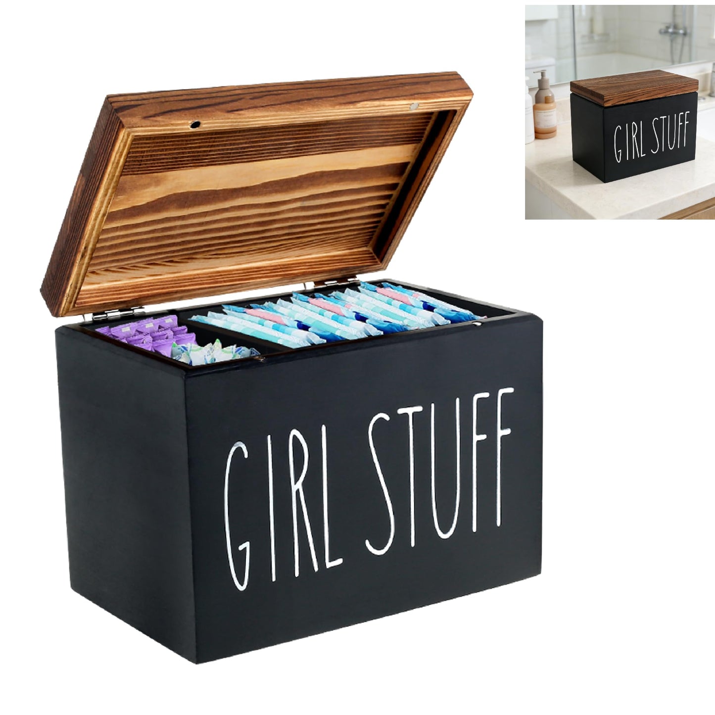 Ghshanog Tampon Holder for Bathroom,Versatile Period Box with 2 Compartments,Wood Bathroom Bin with Lid,Cotton Swab Sanitary Towel Holder Feminine