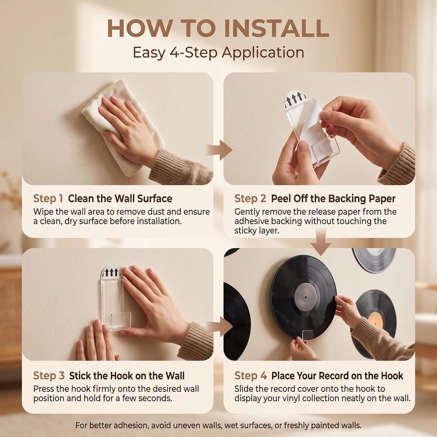 QUUPY 6Pcs Clear Vinyl Record Wall Mounts